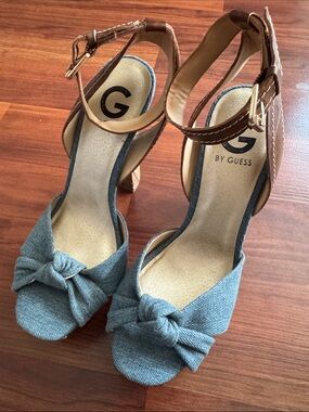 G by Guess Blue Denim Knot Peep-Toe Heels with Brown Ankle Strap